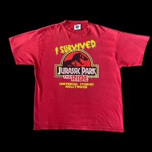 VTG 90s I Survived Jurassic Park The Ride Universal Studios Red T Shirt Sz XXL